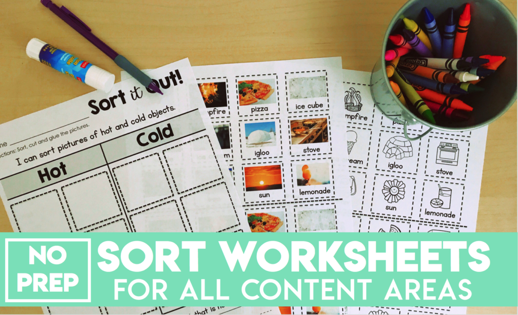No Prep Sort Worksheets for all content areas for primary students