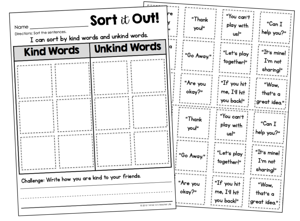 Free Sorting Worksheets - Students sort kind and unkind words