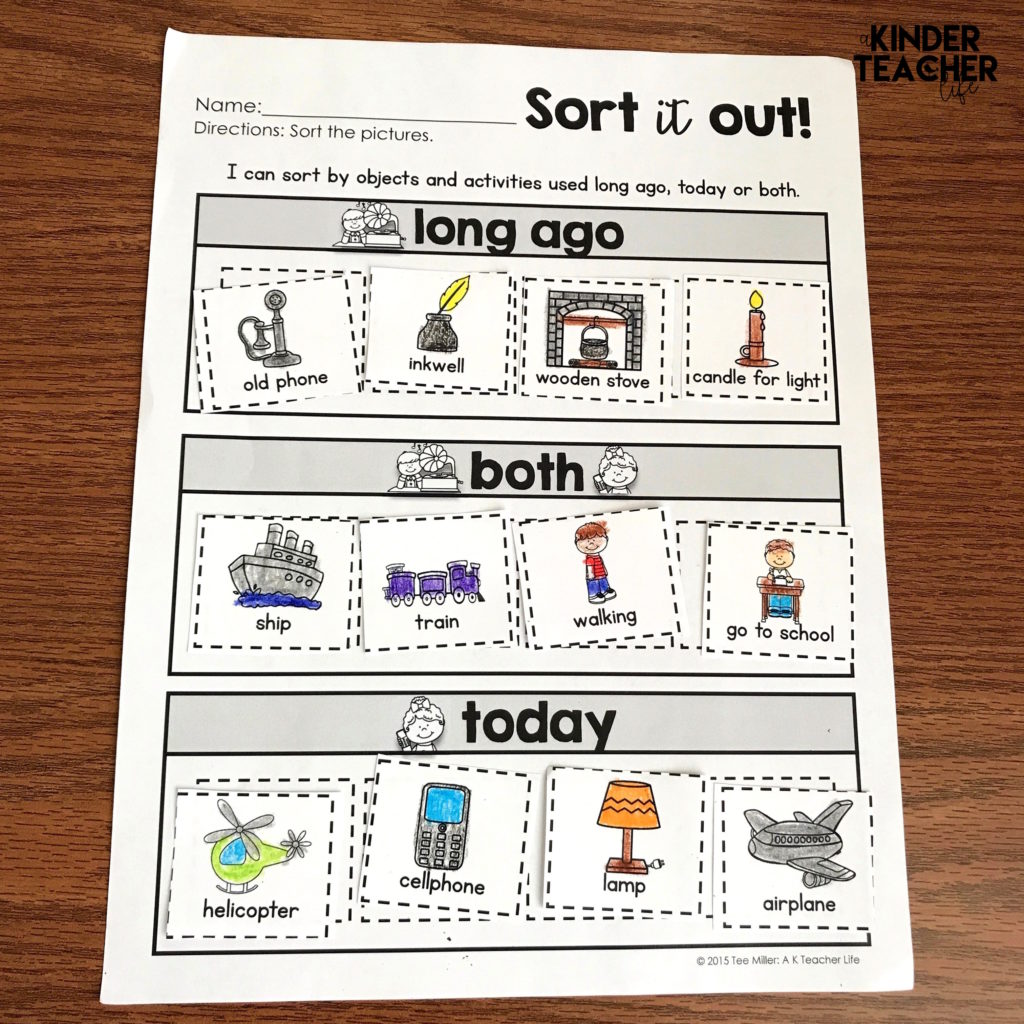 Life Long Ago sorting activity - color, cut and glue the pictures in the correct categories