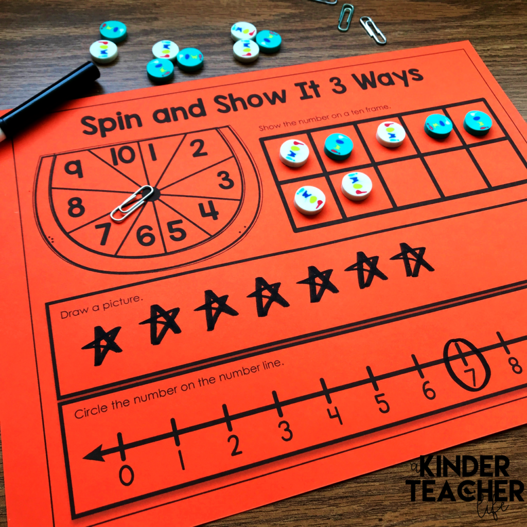 Spin and show the number 3 ways using a ten frame, drawing a picture and using a number line