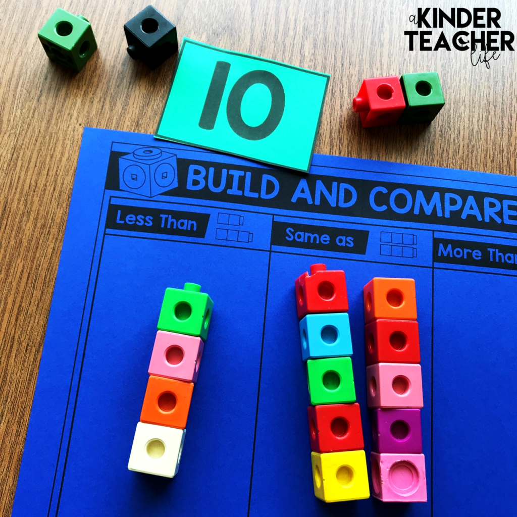 Students pick a number card and build the same number, less than and more than the target number. 