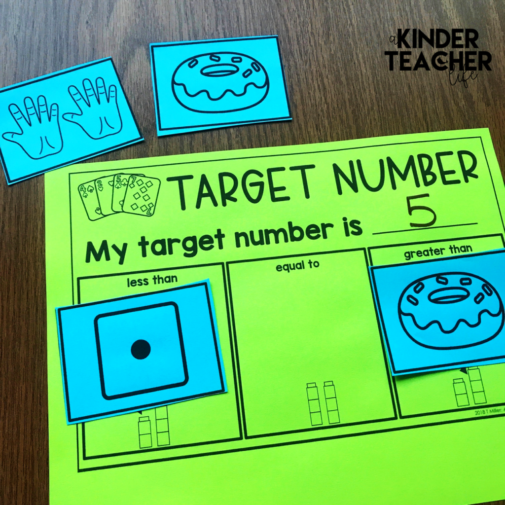 Students pick a target number and compare quantities. 