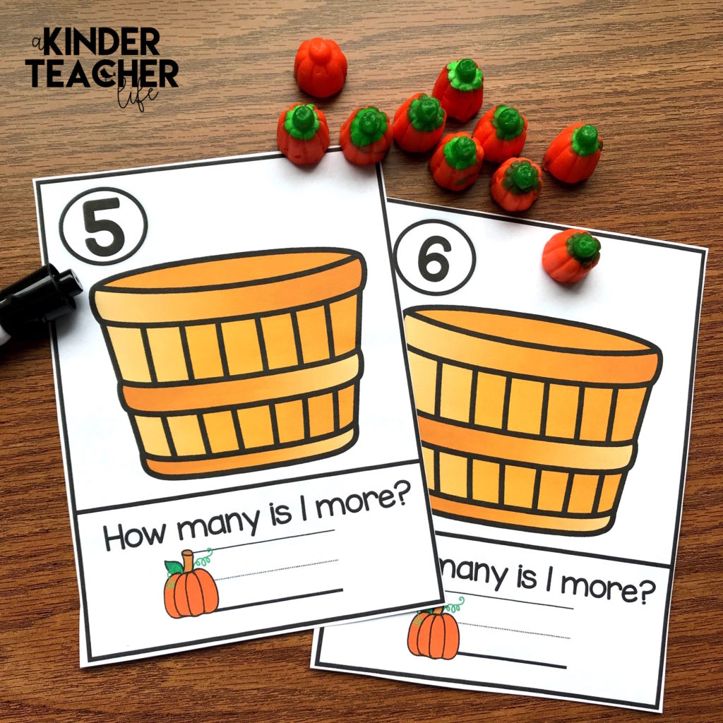 Free Halloween-themed math counting mats - Students build the number using objects and write 1 more.