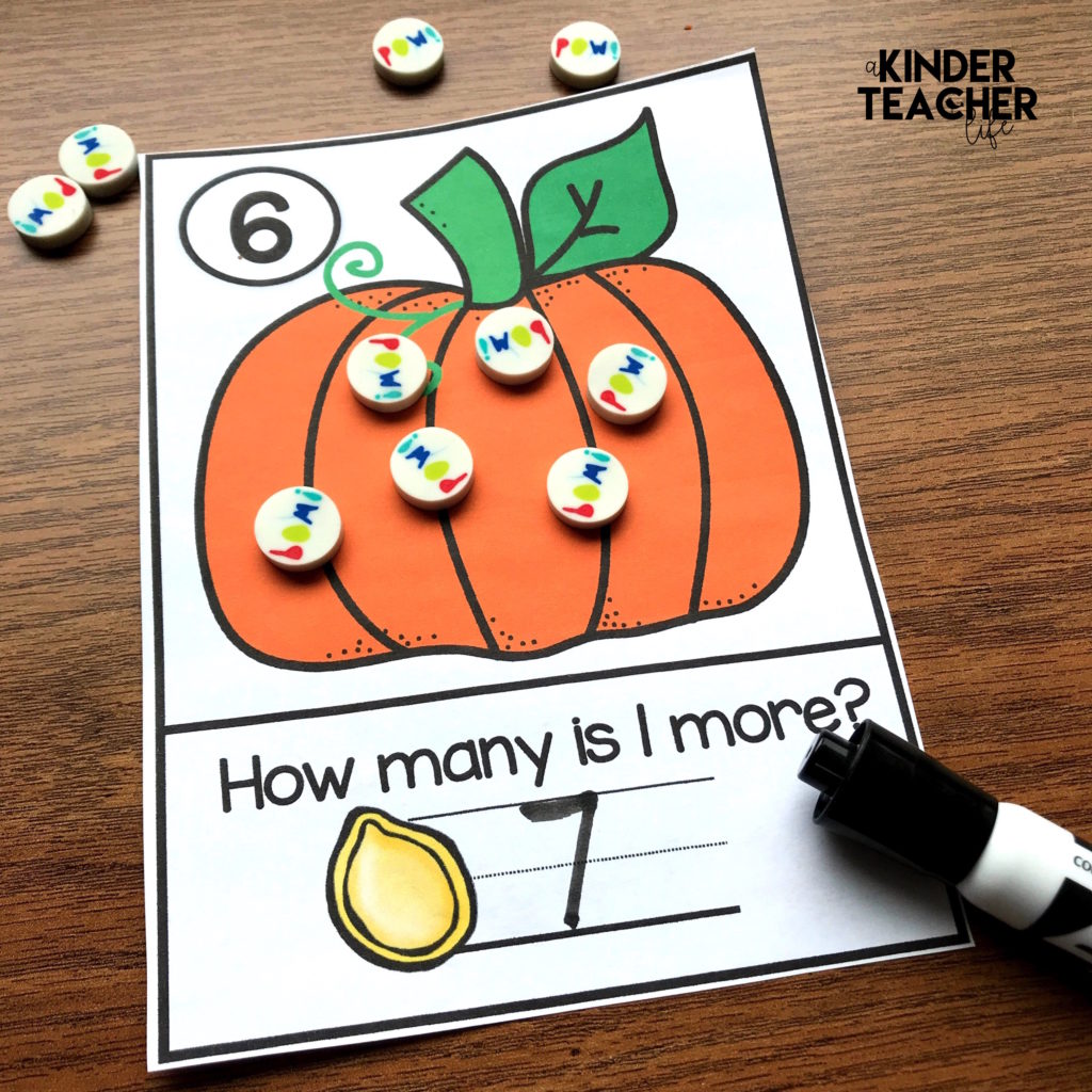 Free Halloween-themed math counting mats - Students build the number using objects and write 1 more.