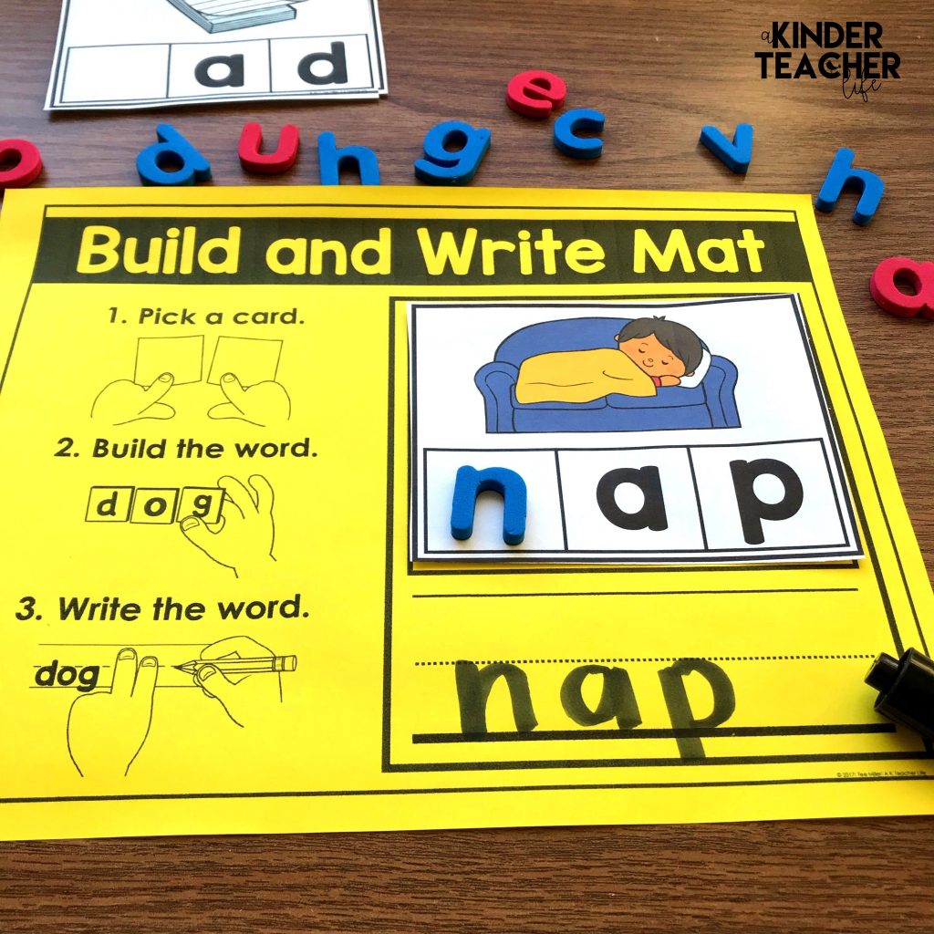 Build and Write Spelling Mat - Students pick a card, build the word using magnetic letters and write the word. 