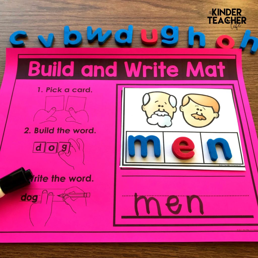 Build and Write Spelling Mat - Students pick a card, build the word using magnetic letters and write the word. 