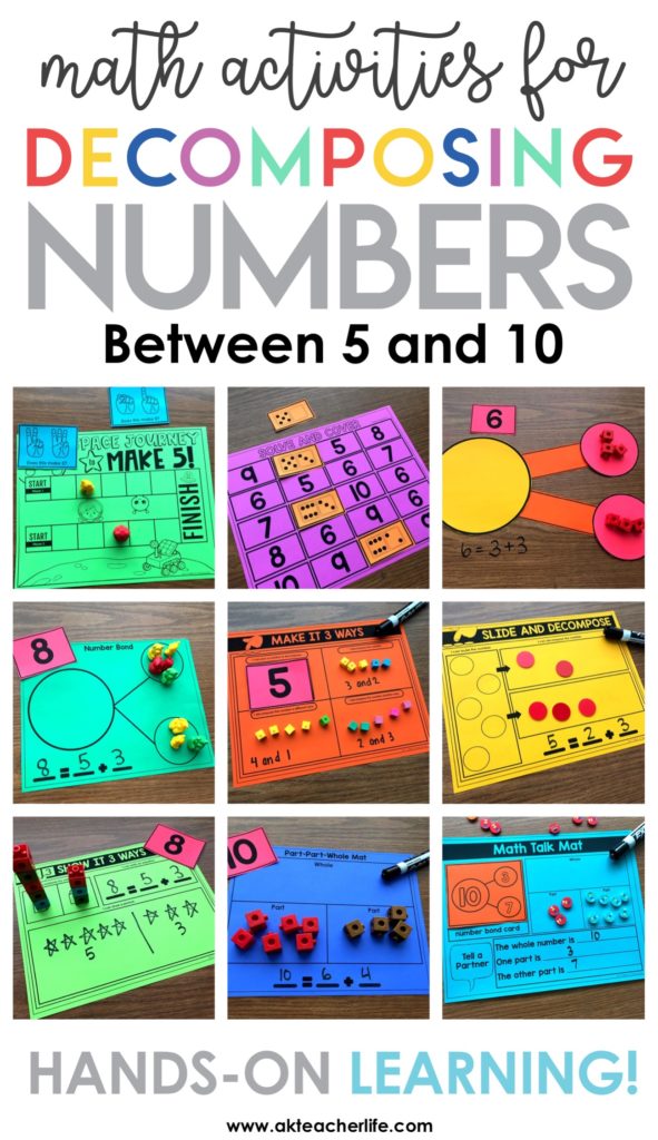 Decomposing numbers for kindergarten and first grade! Hands-on activities for practicing decomposing numbers in more than 1 way, finding the number that makes 5 and 10 and writing equations. 