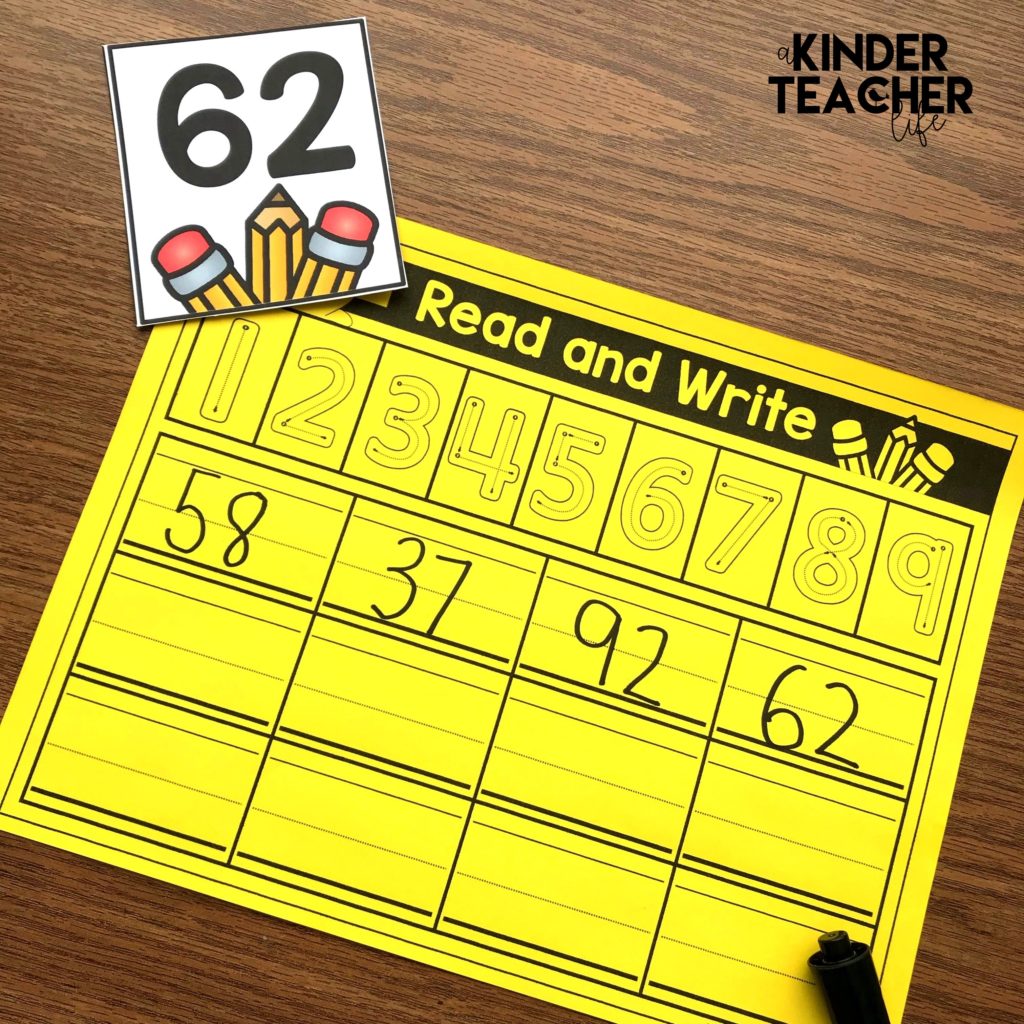 Students pick a card, read the number and write the number. They can use the writing strip to practice correct number formation. 