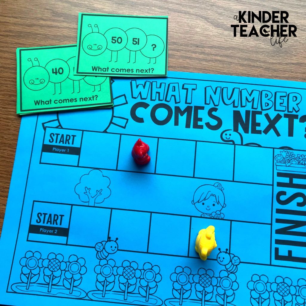 Counting to 100 activity - Students pick a number card and say the missing number. If they are correct, they move their token one space. The first person to reach the finish line wins. 