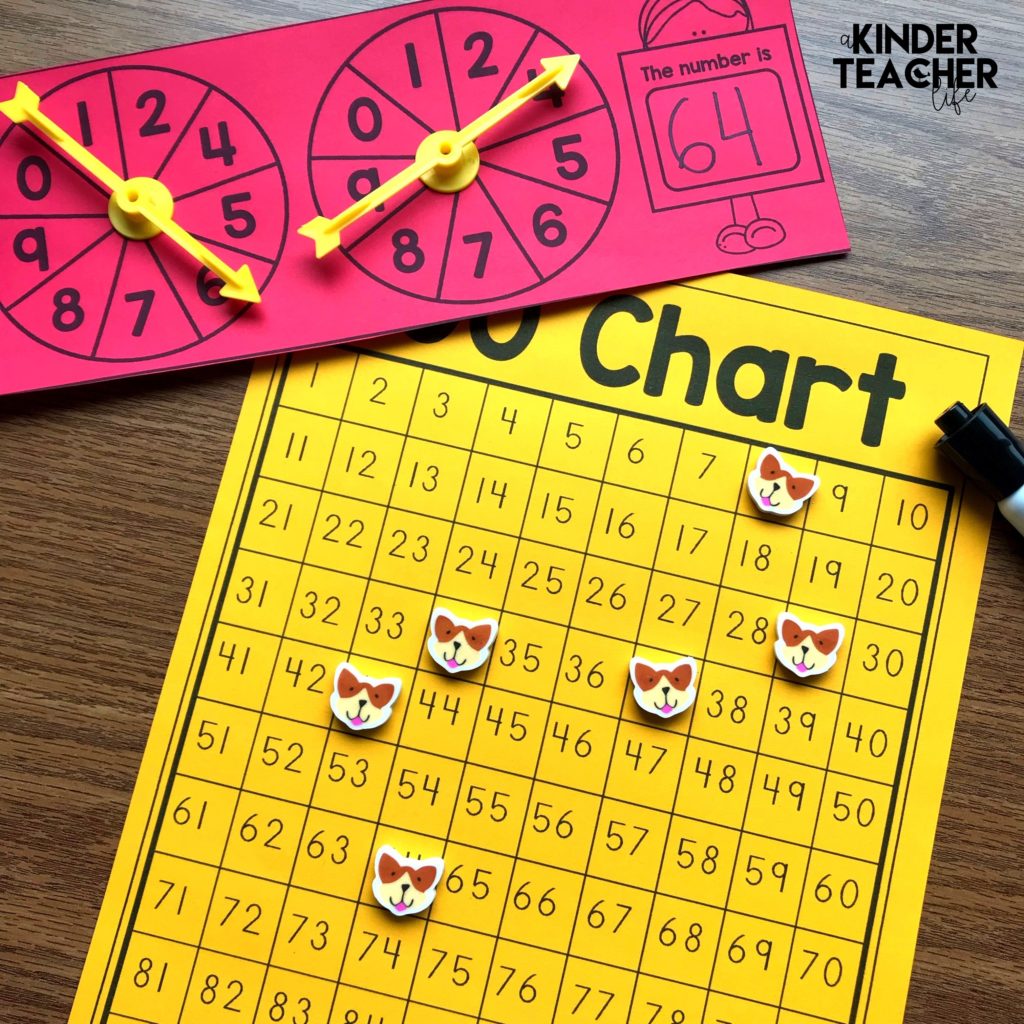 Counting to 100 activity -  Students spin the spinner, write the number and cover the number. 