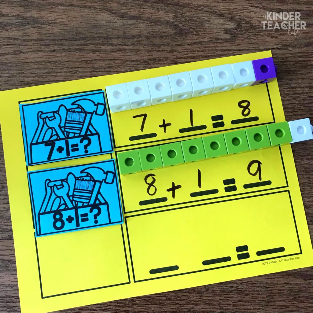 Hands-on math center activities for teaching one more, one less! Let students explore adding 1 and taking away 1 by playing partner games, building with manipulatives and acting out word problems.  These activities are perfect for small group instruction or math center activities. 