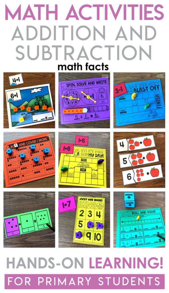 Hands-on math center activities for teaching one more, one less! Let students explore adding 1 and taking away 1 by playing partner games, building with manipulatives and acting out word problems.  These activities are perfect for small group instruction or math center activities. 