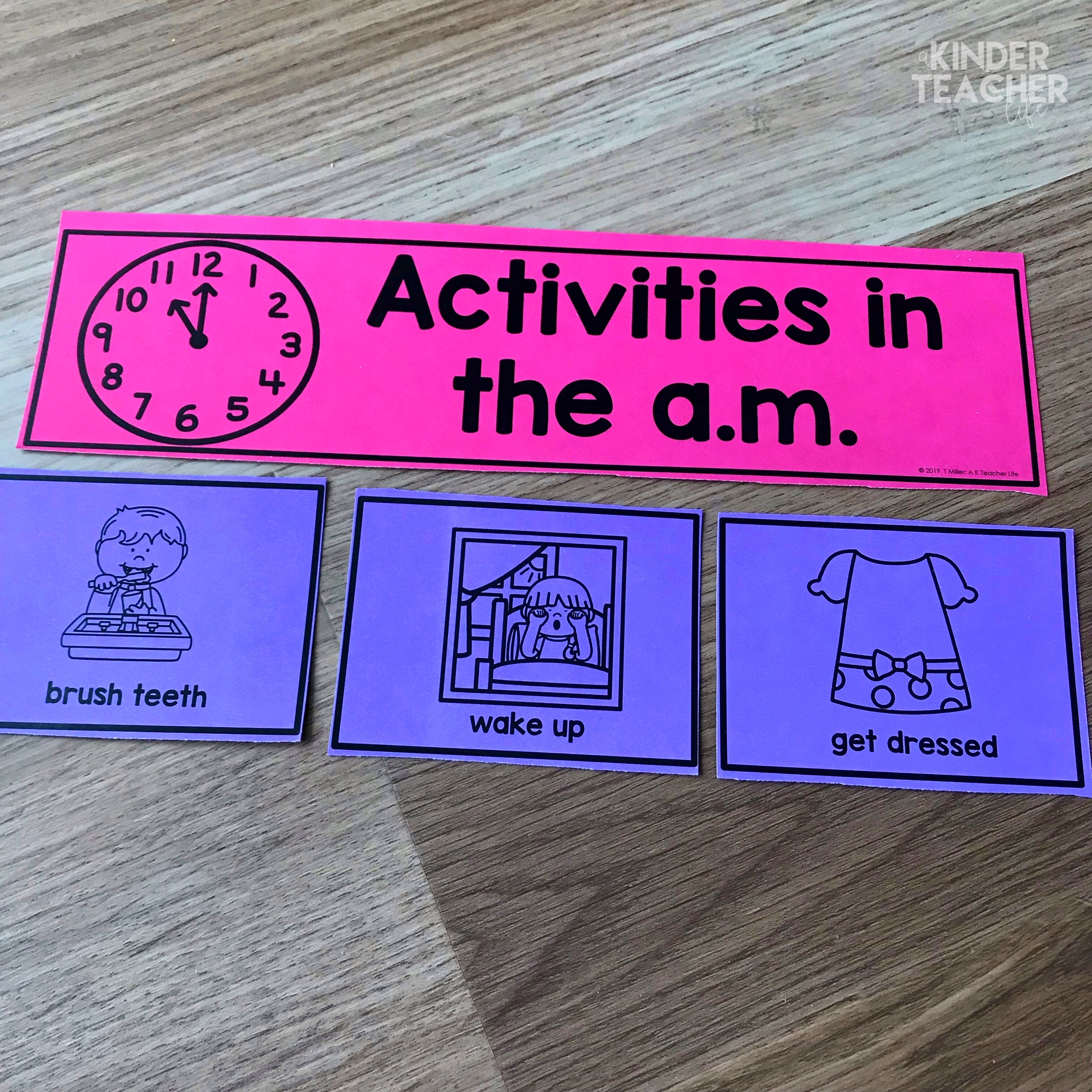 Sort activities in the a.m. and p.m. - Hands-on telling time math center activities for first grade students. 