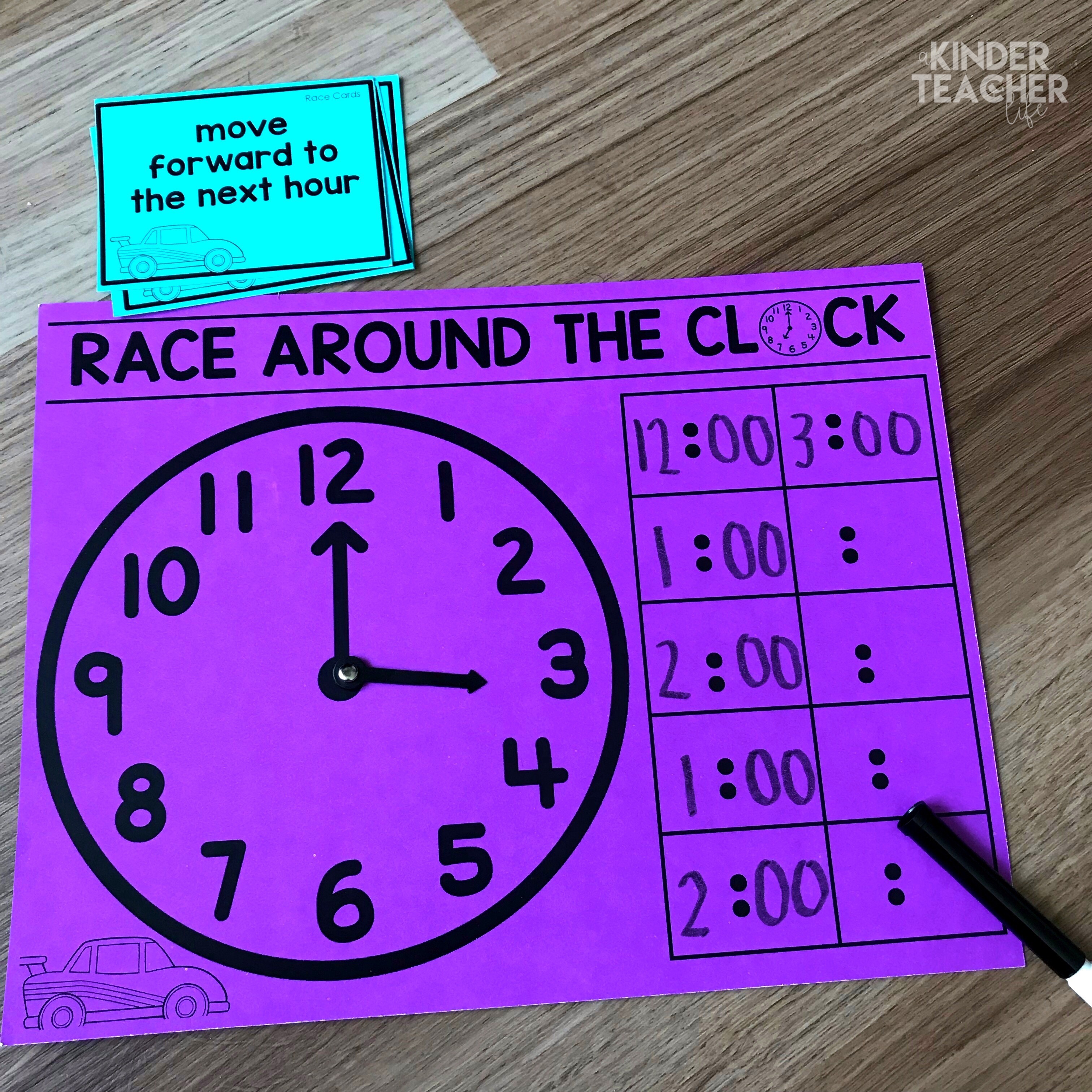 Race the clock telling time game - Hands-on telling time math center activities for first grade students. 