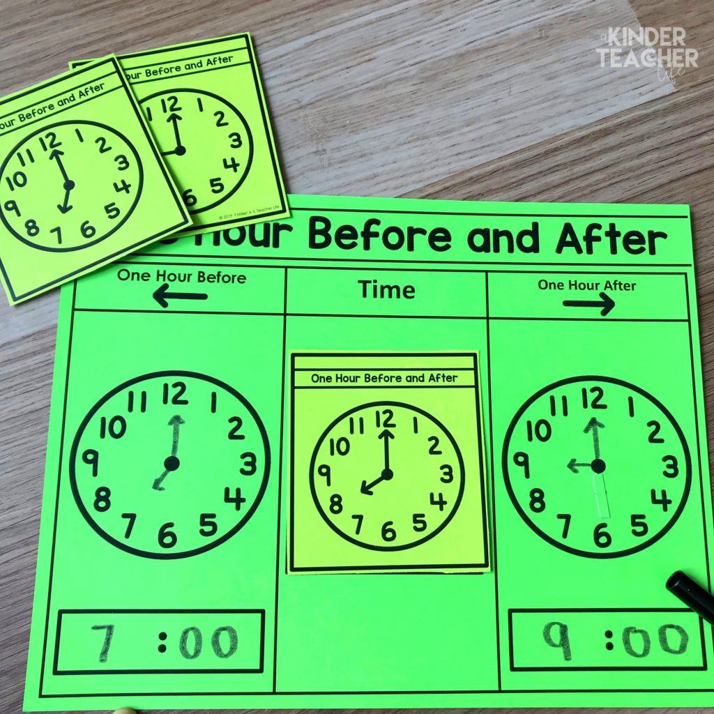Show 1 hour before and 1 hour after - Hands-on telling time math center activities for first grade students. 