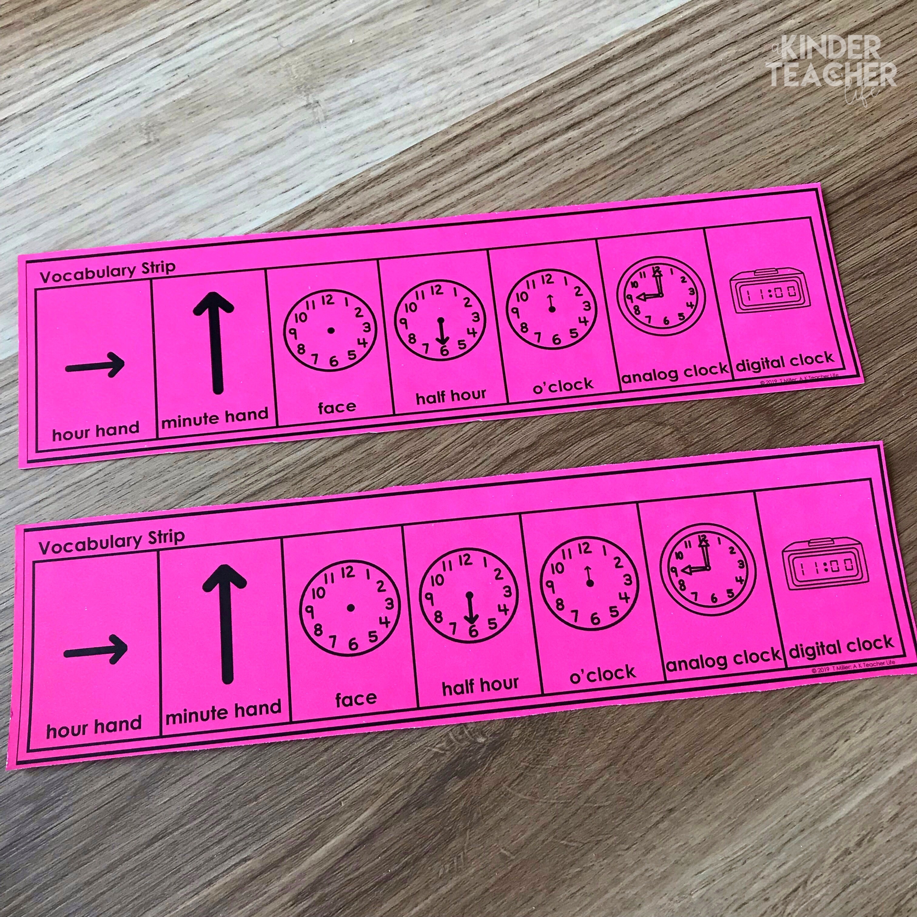 Telling time vocabulary words - Hands-on telling time math center activities for first grade students. 