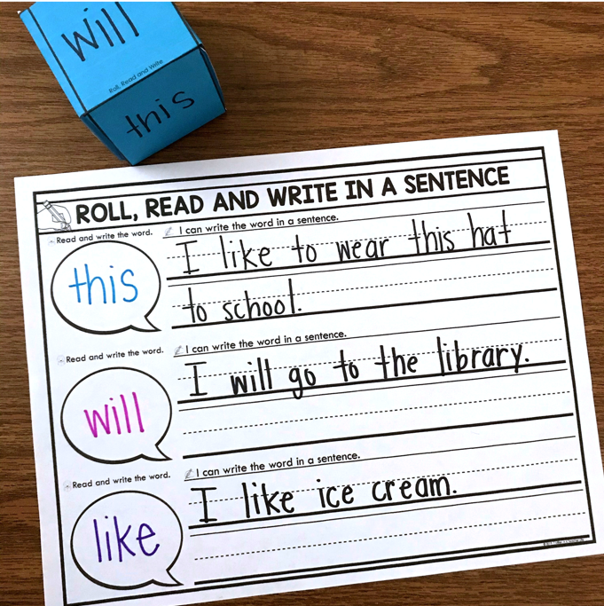 Sight word activity - roll the die, read the word and use it in a sentence. 