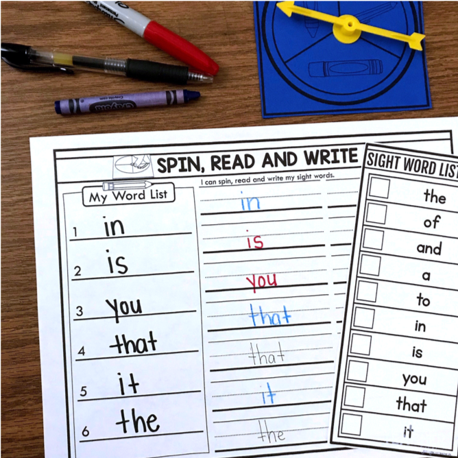 Sight word activity - spin, read and write your sight word using a marker, crayon or pencil 