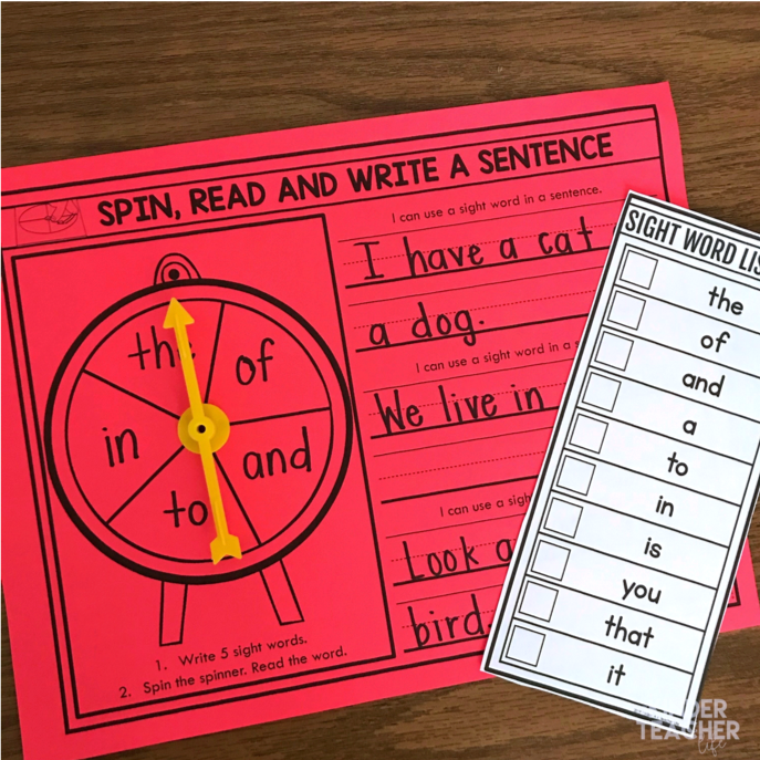 Sight word activity - spin, read and write the word in a sentence. 