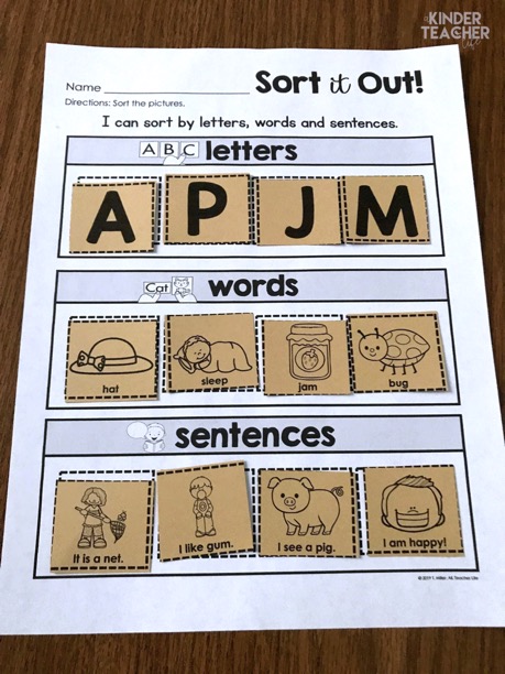 Free Sort Worksheet - sort the pictures by letters, words and sentences. 
