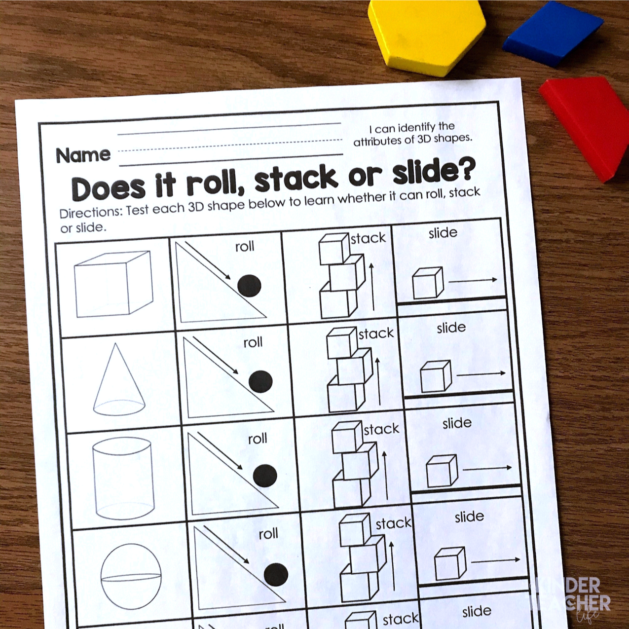 3D Shapes - Roll, Stack and Slide recording sheet 