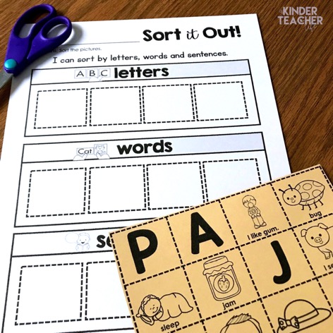 Free Sort Worksheet - sort the pictures by letters, words and sentences. 