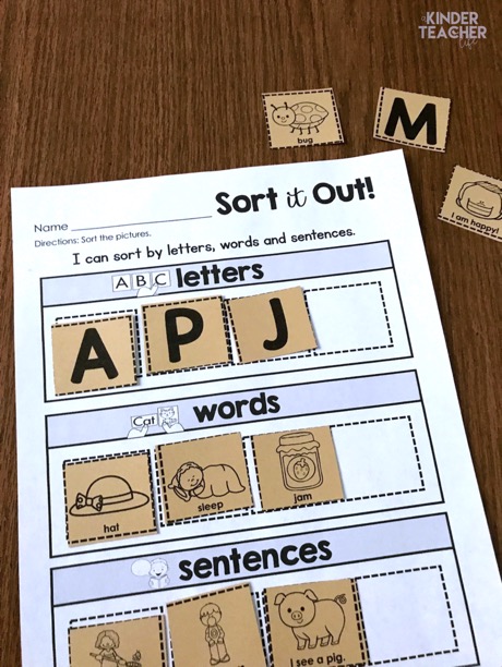 Free Sort Worksheet - sort the pictures by letters, words and sentences. 