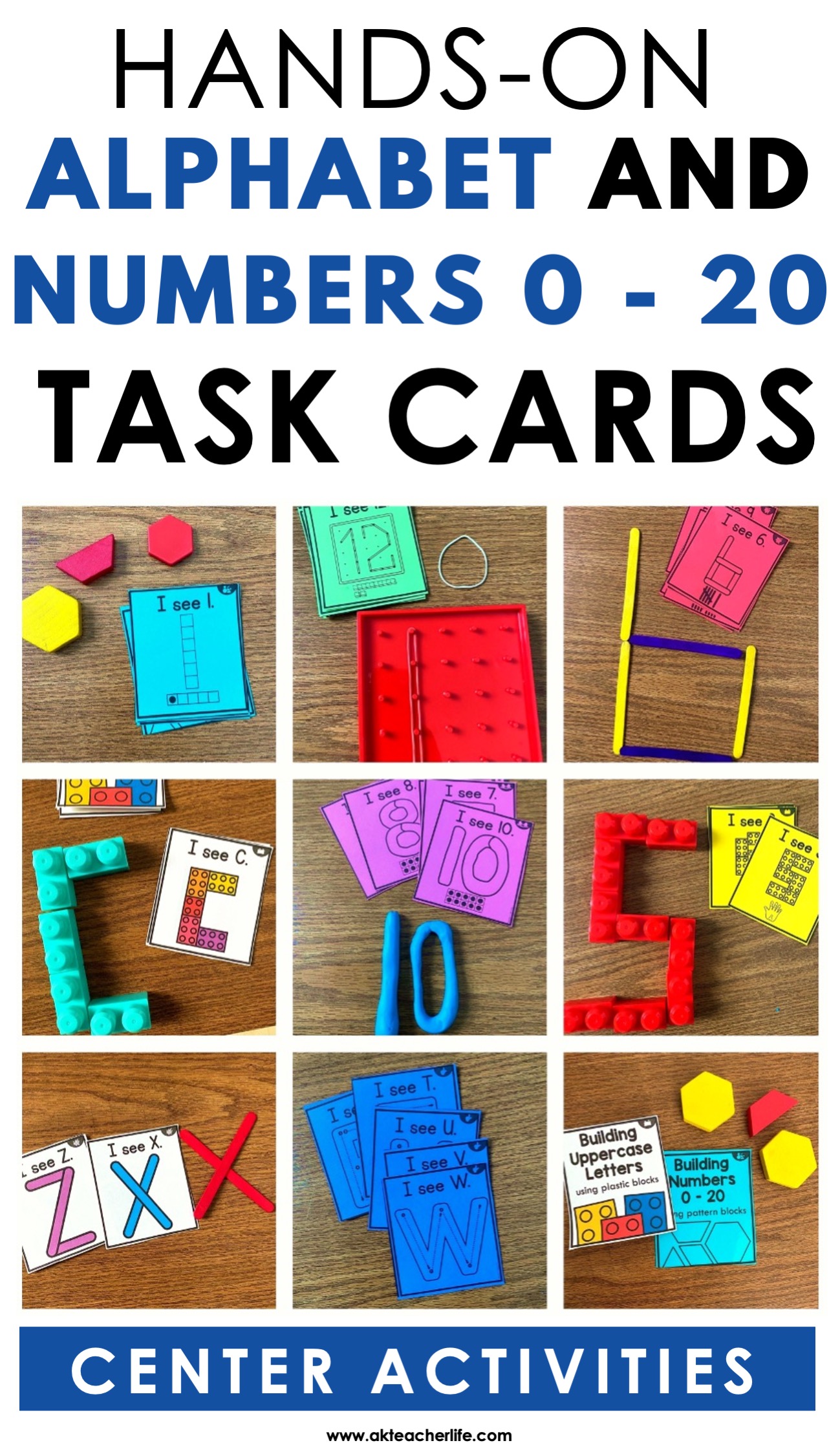 Hands-on alphabet and numbers task cards for literacy and math centers