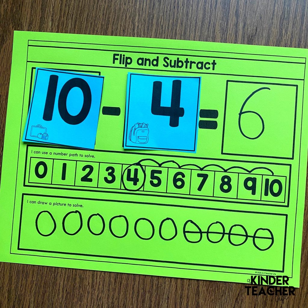 Flip the cards and subtract using a number path and by drawing a picture