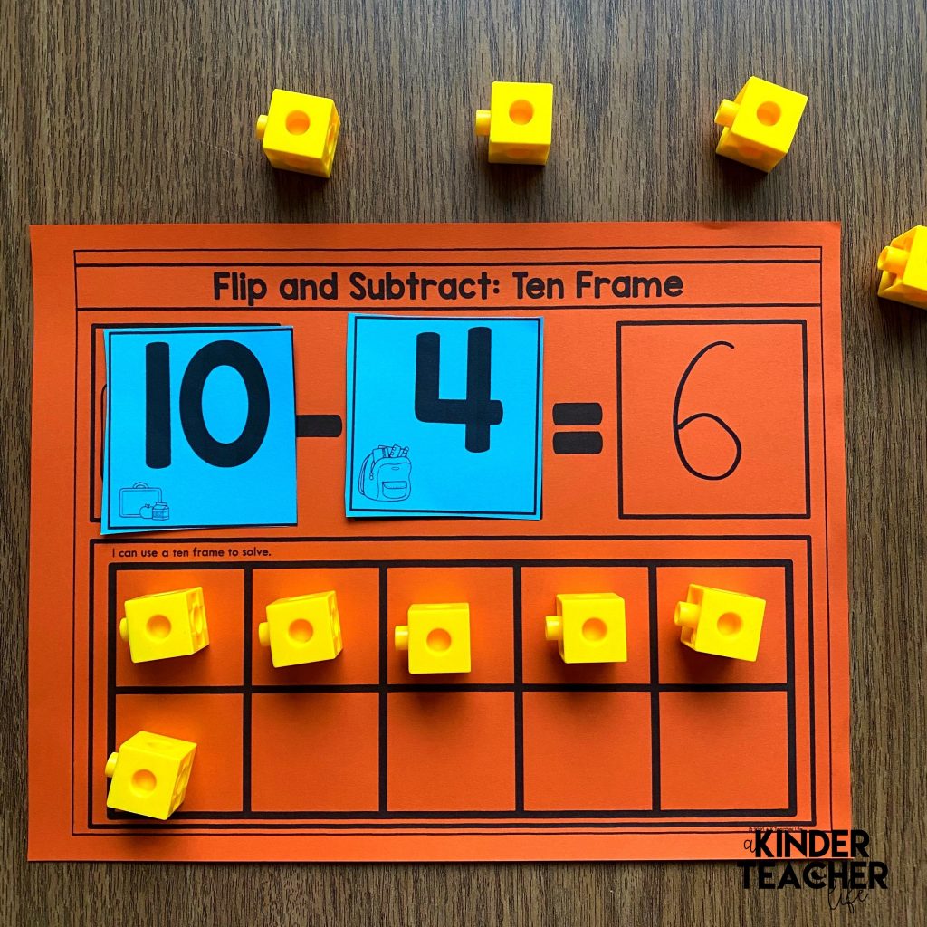 Flip and subtract - flip the two cards and subtract the two numbers. They can use the ten frame to help them solve. 