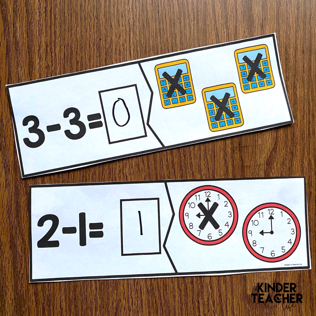 Subtraction Math Center:Match the number sentence with the picture. Write the answer. 