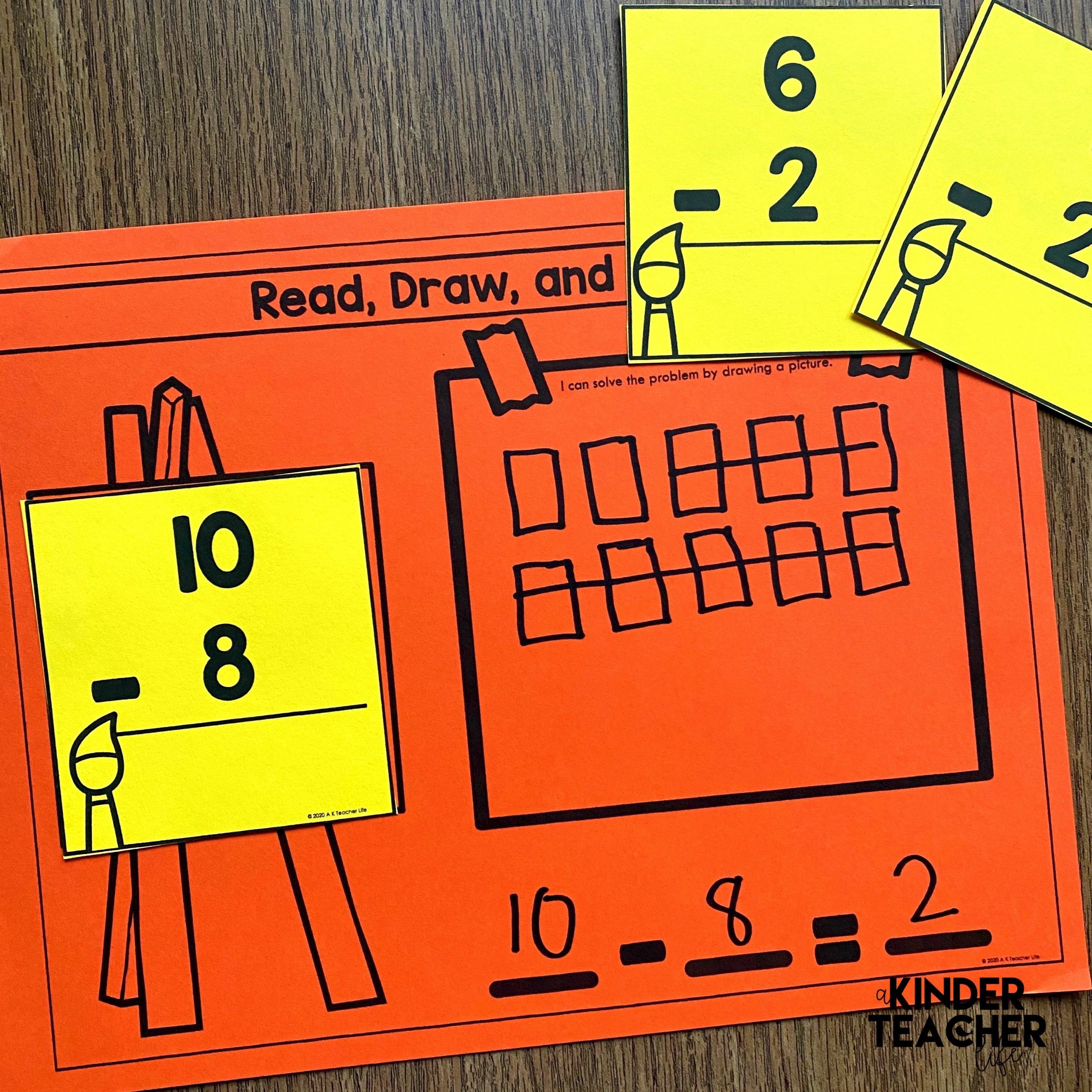 Subtraction Math Center: Students pick a task card and solve it by drawing a picture. 
