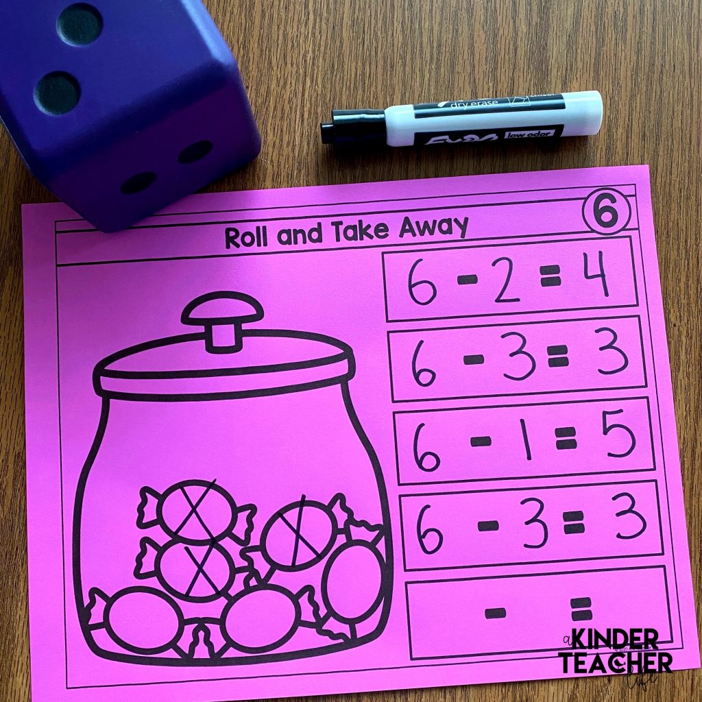 Roll and Take Away - roll the die and take away that many pieces of candy. Write a number sentence. 