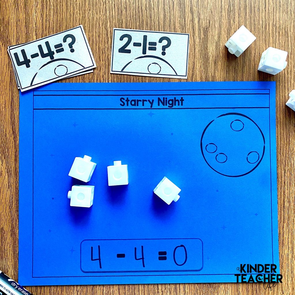 Subtraction Math Center Activity: Flip a card and model how to solve by subtracting. 