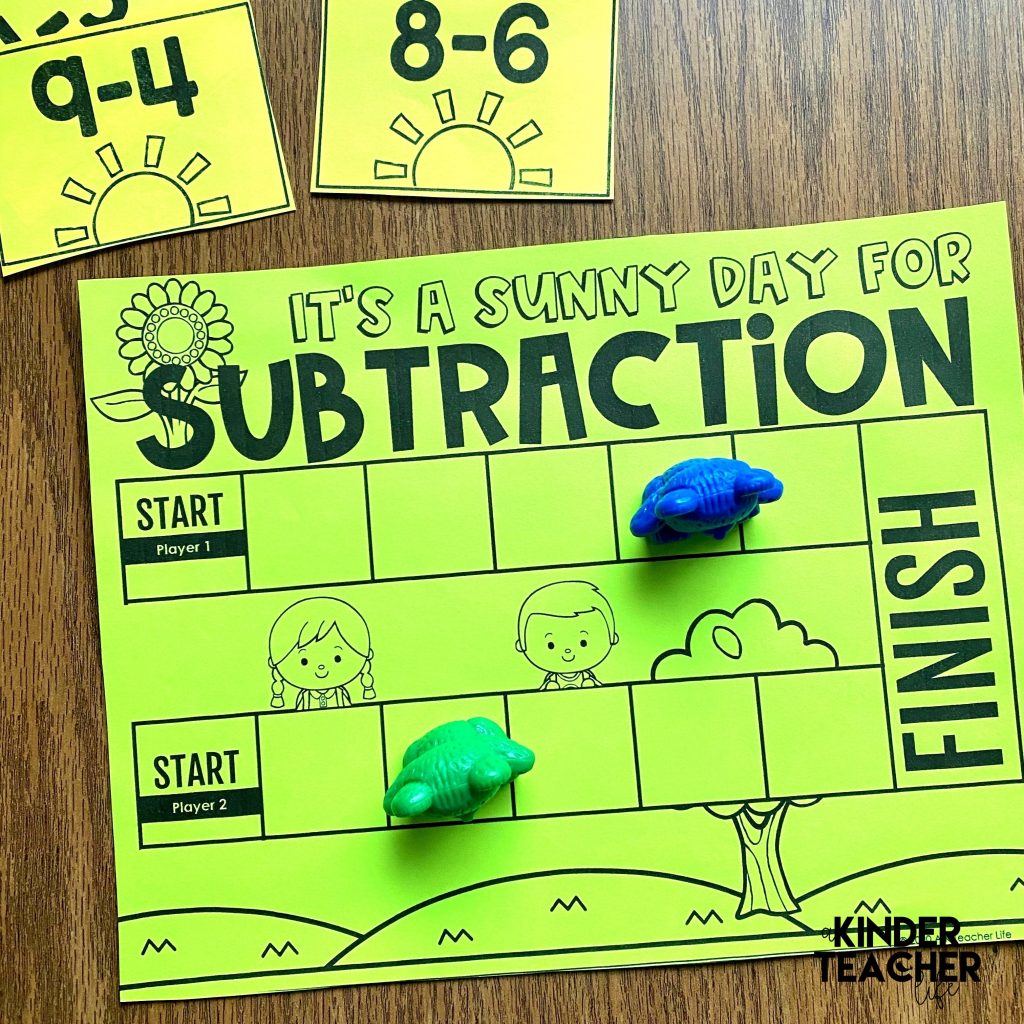 Subtraction Math Center:Solve the subtract problems. First person to reach the finish line first wins. 