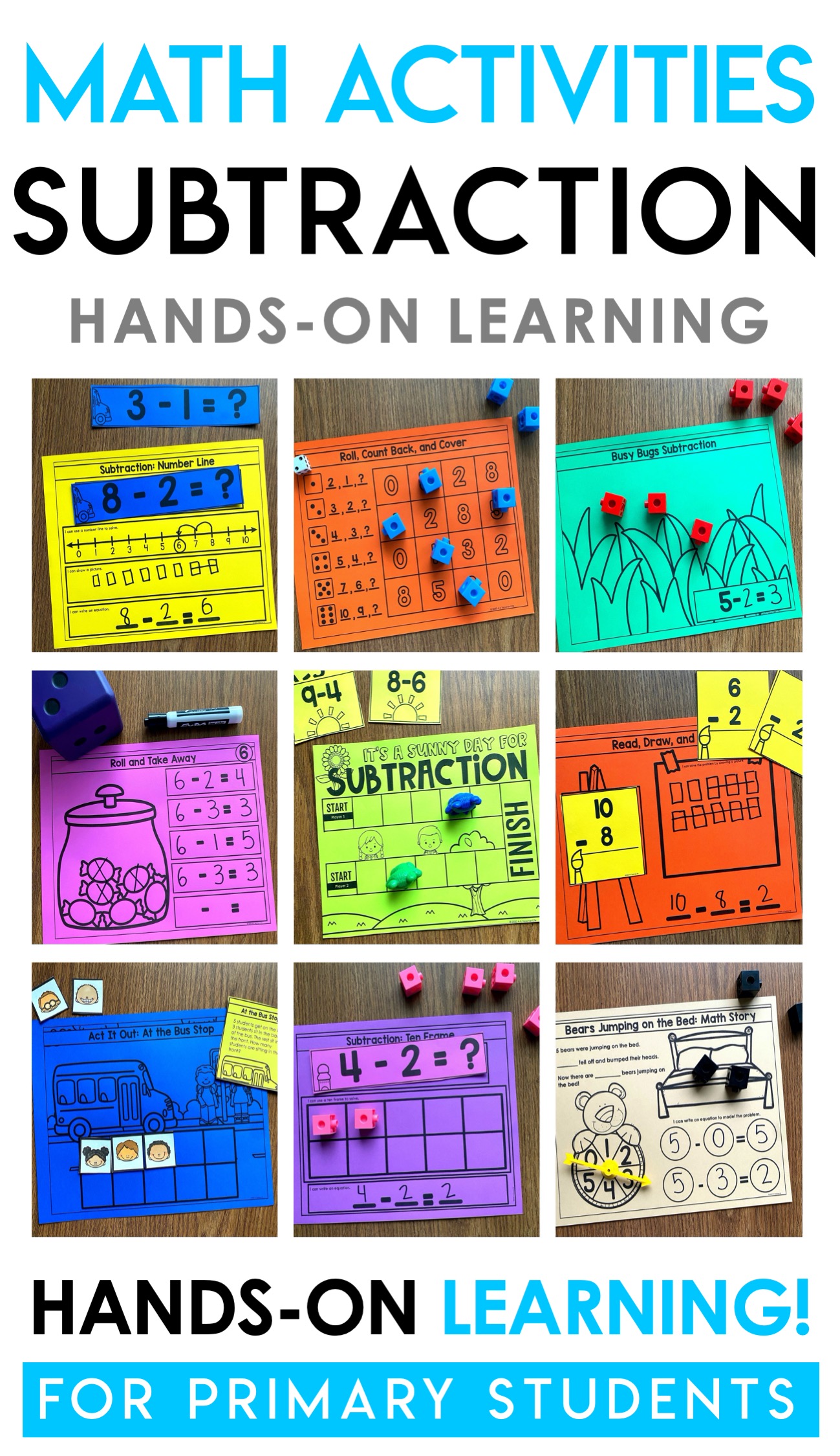 Subtraction Math Center activities for kindergarten. Students act out, use manipulatives, draw pictures and write number sentences to solve subtraction problems. Students can complete these hands-on learning activities during math centers, math rotation, morning work, or online learning. 