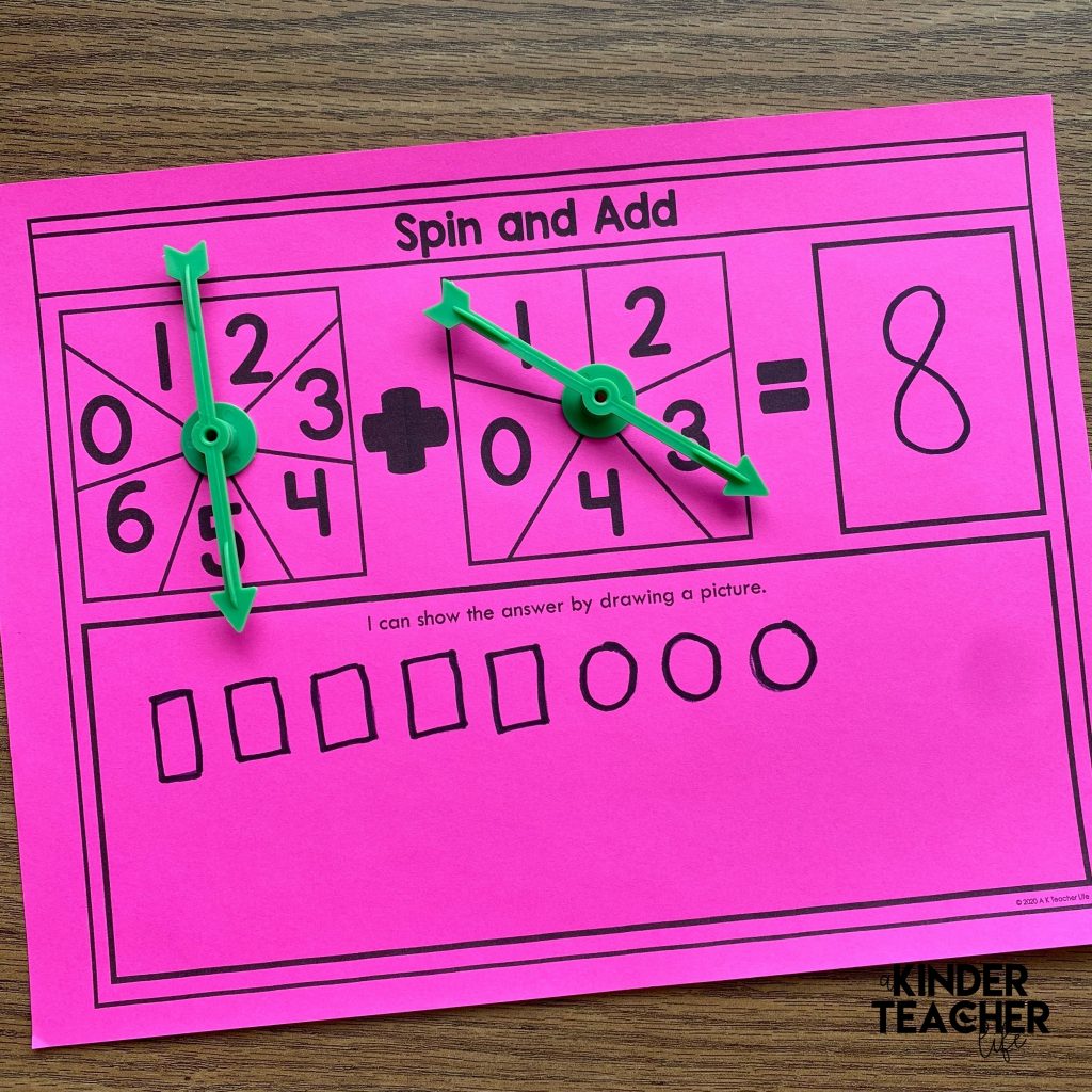 Kindergarten addition math center - spin and add