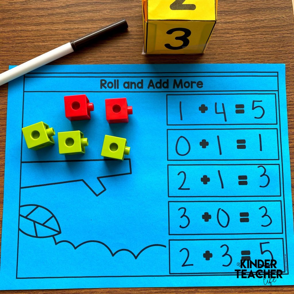 Kindergarten addition math center - roll and add activity