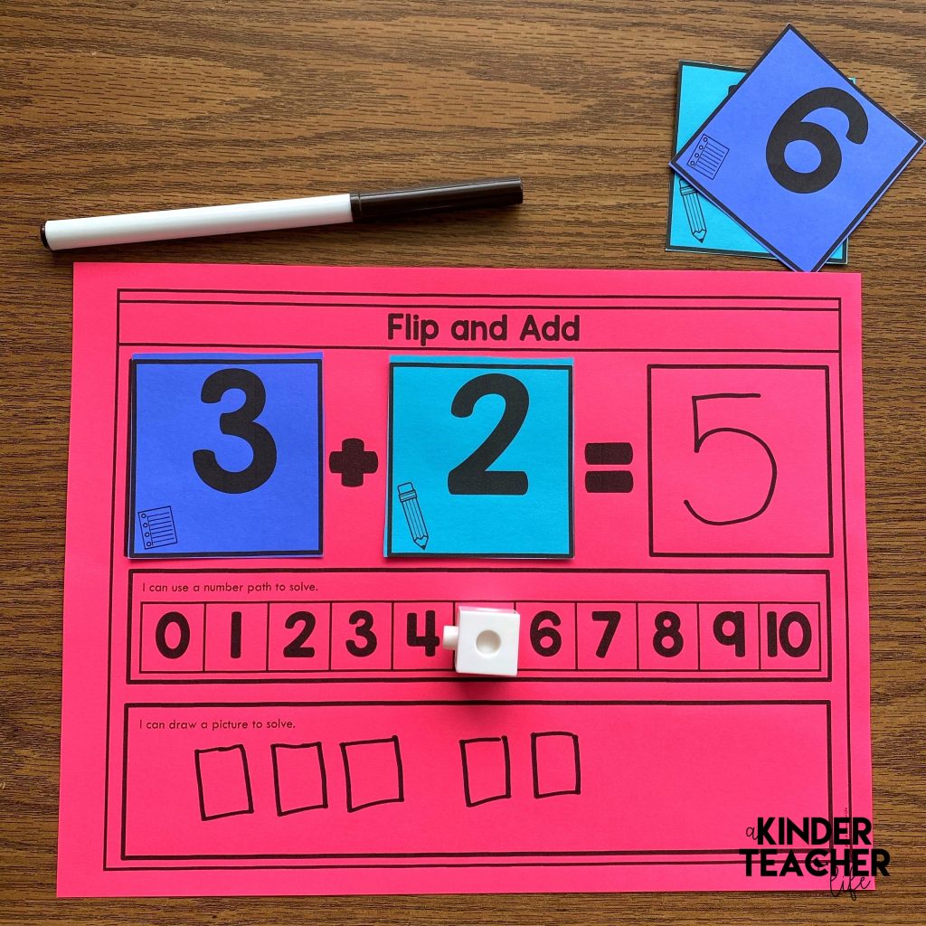 Kindergarten addition math center - flip two cards and add 
