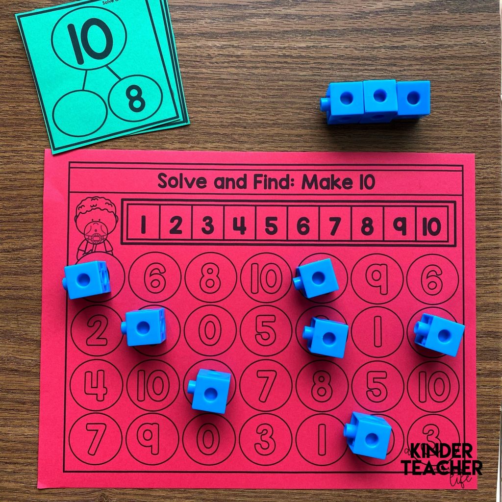 Kindergarten addition math center - solve and make 10 