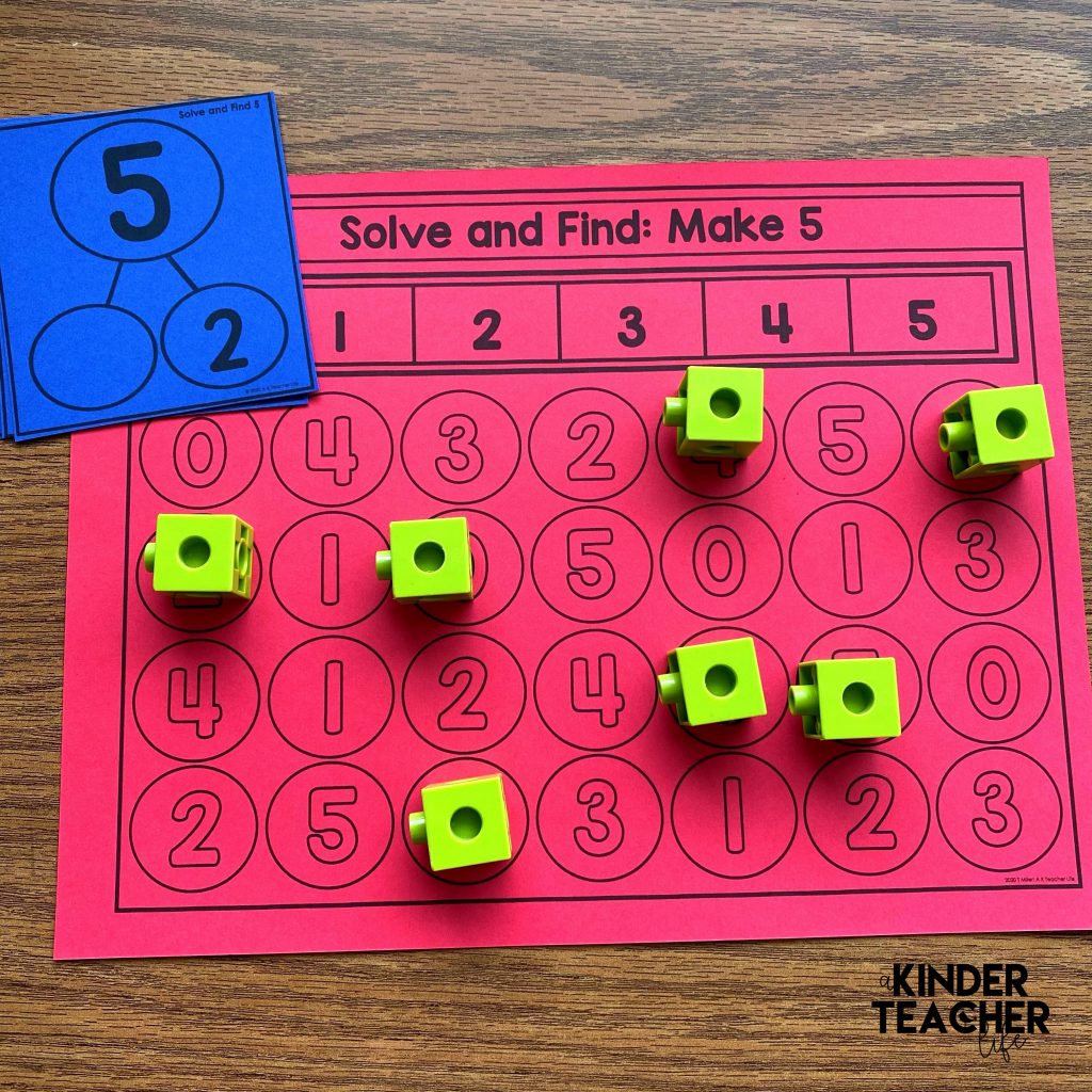 Kindergarten addition math center - solve and make 5
