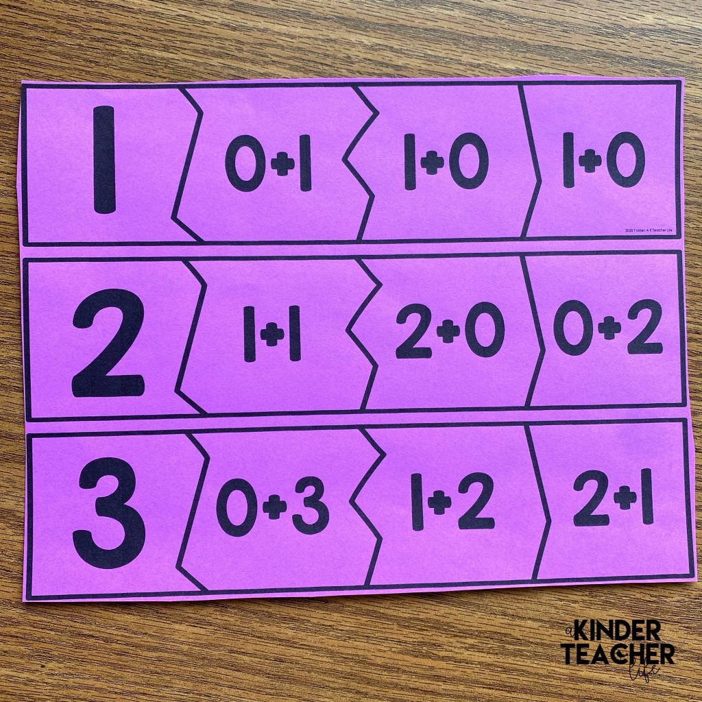 Kindergarten addition math center - addition puzzle 