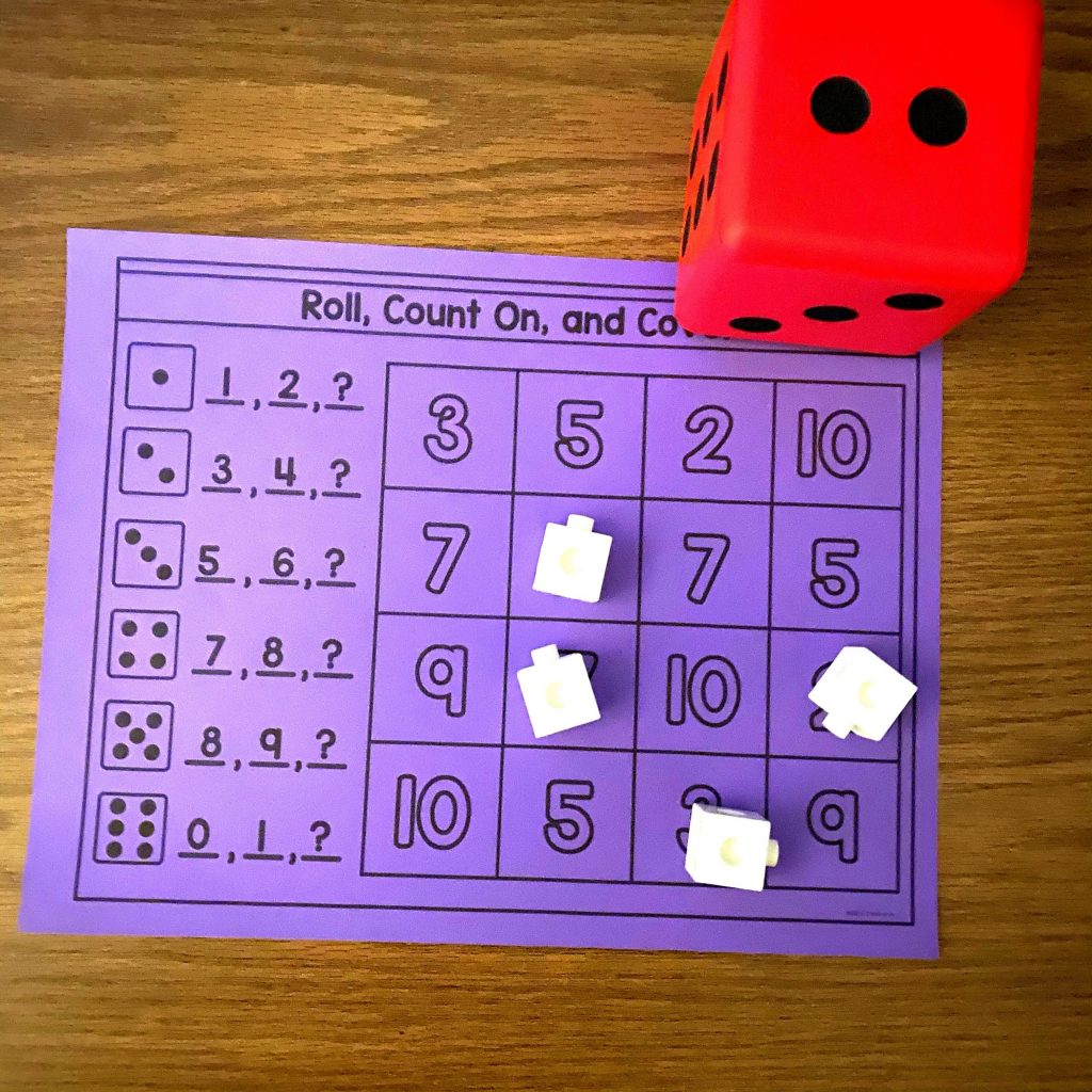 Kindergarten addition math center - roll and count on 