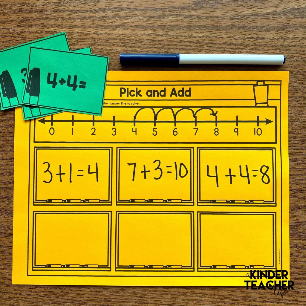 Kindergarten addition math center - pick a card and solve using a number line