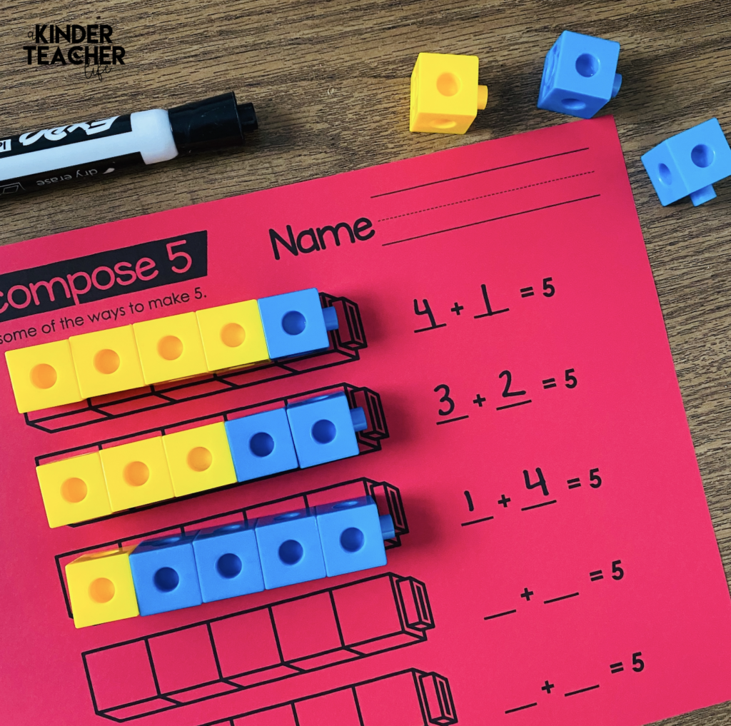 Students decompose numbers using cubes. 
