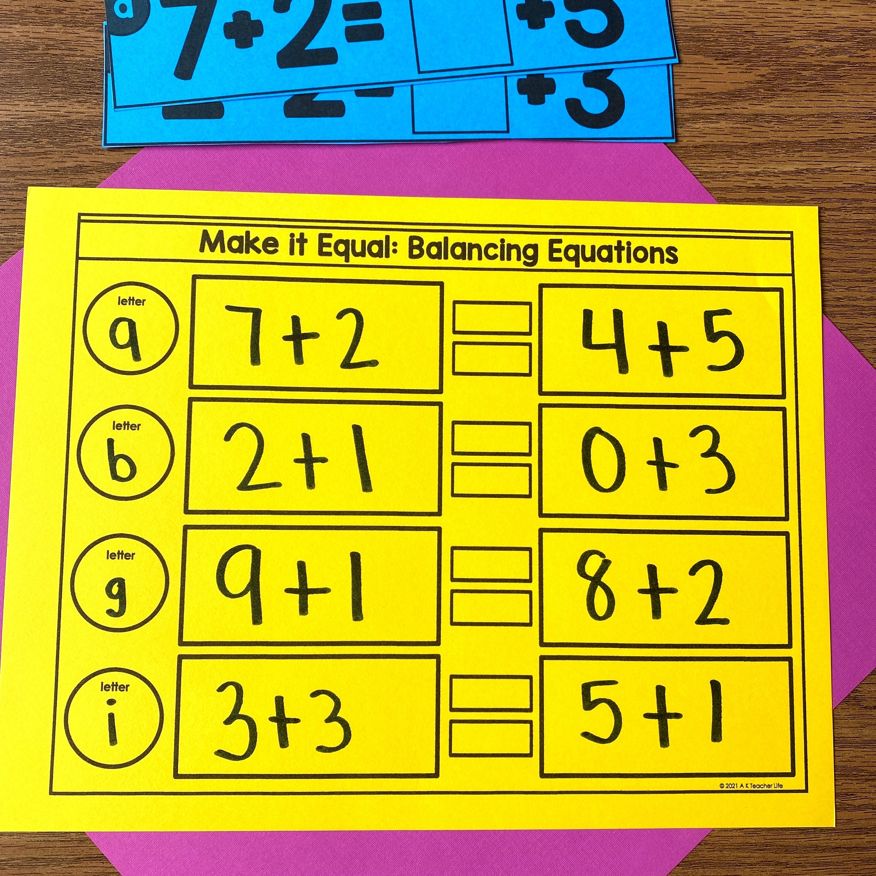 Balancing equations - Addition math center activities and worksheets