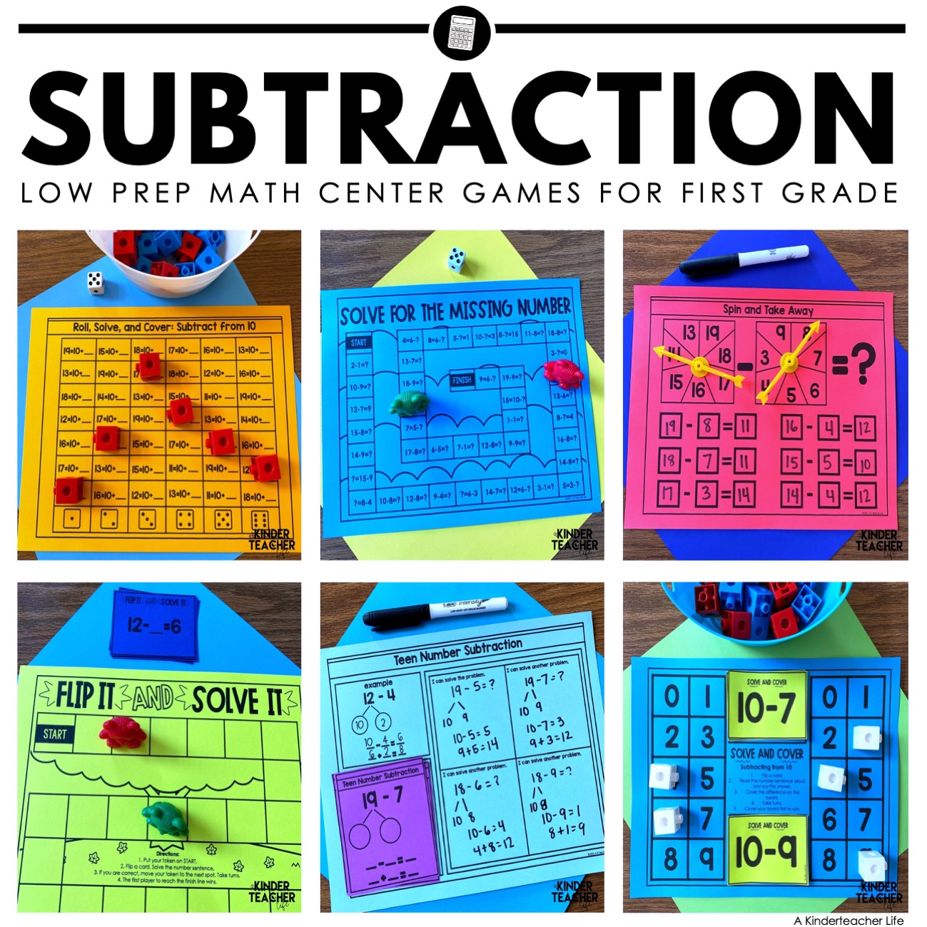 Low prep Subtraction Math Centers for First Grade