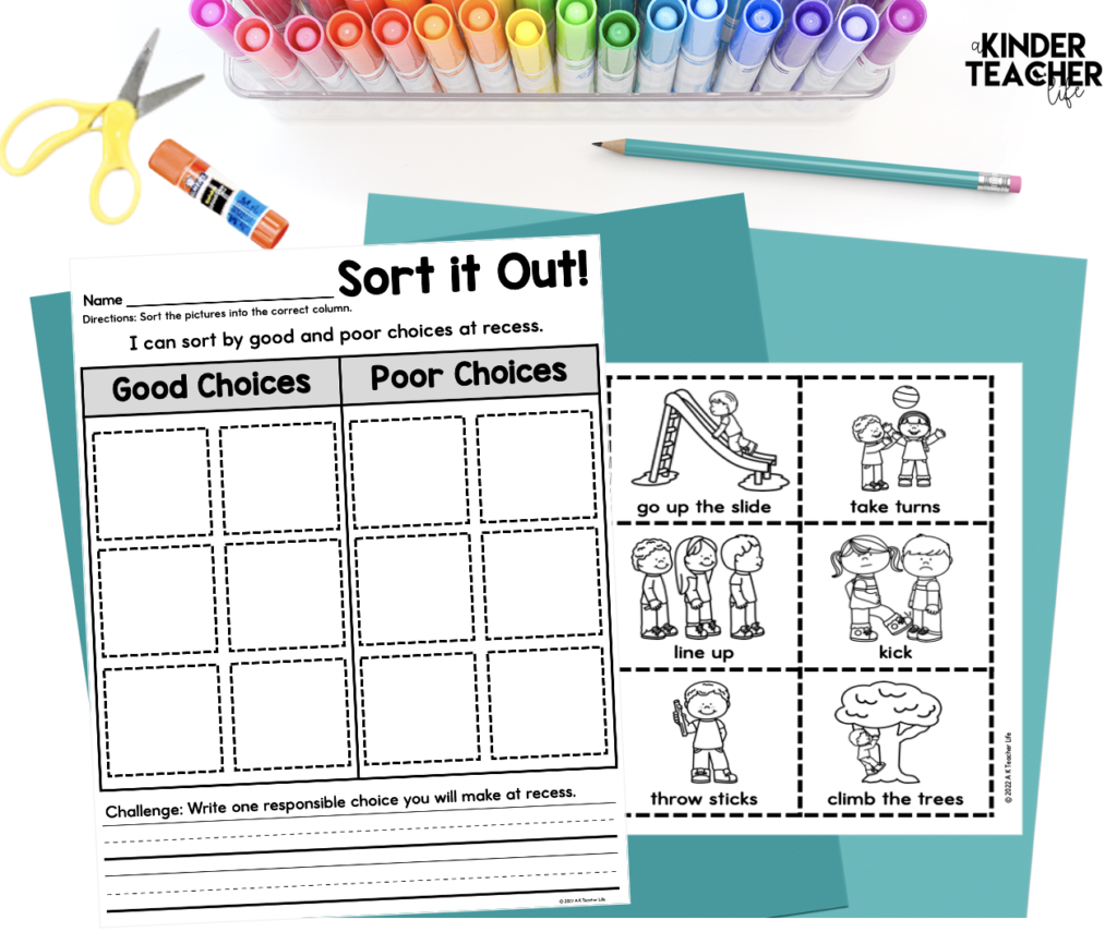 Recess Behaviors - No prep sorting worksheets 