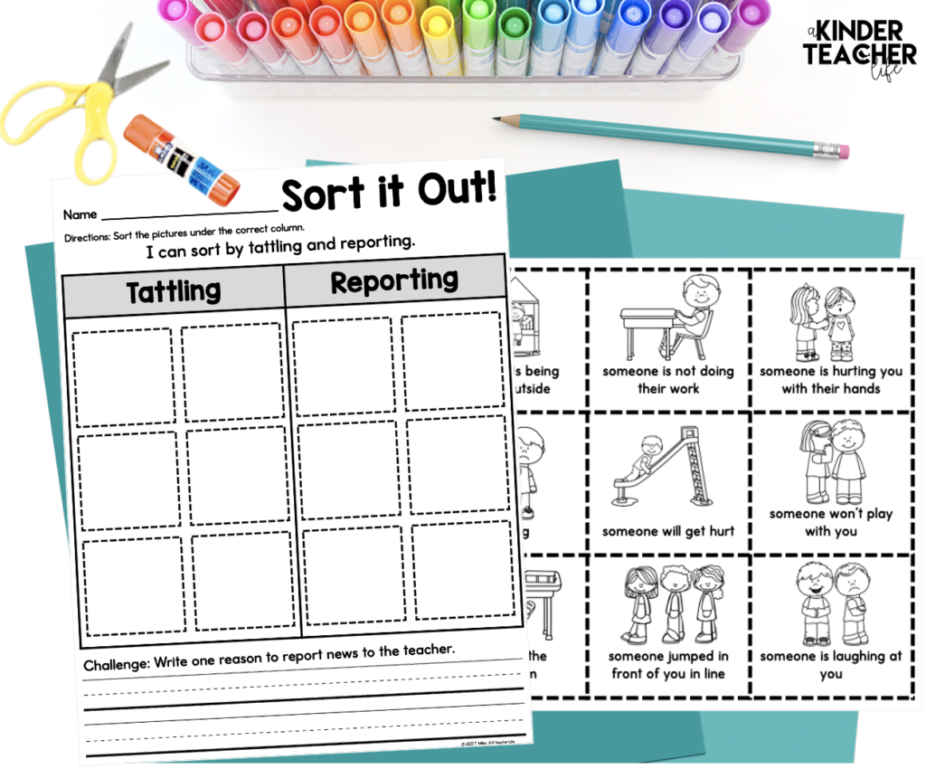Tattling and reporting - No prep sorting worksheets. 