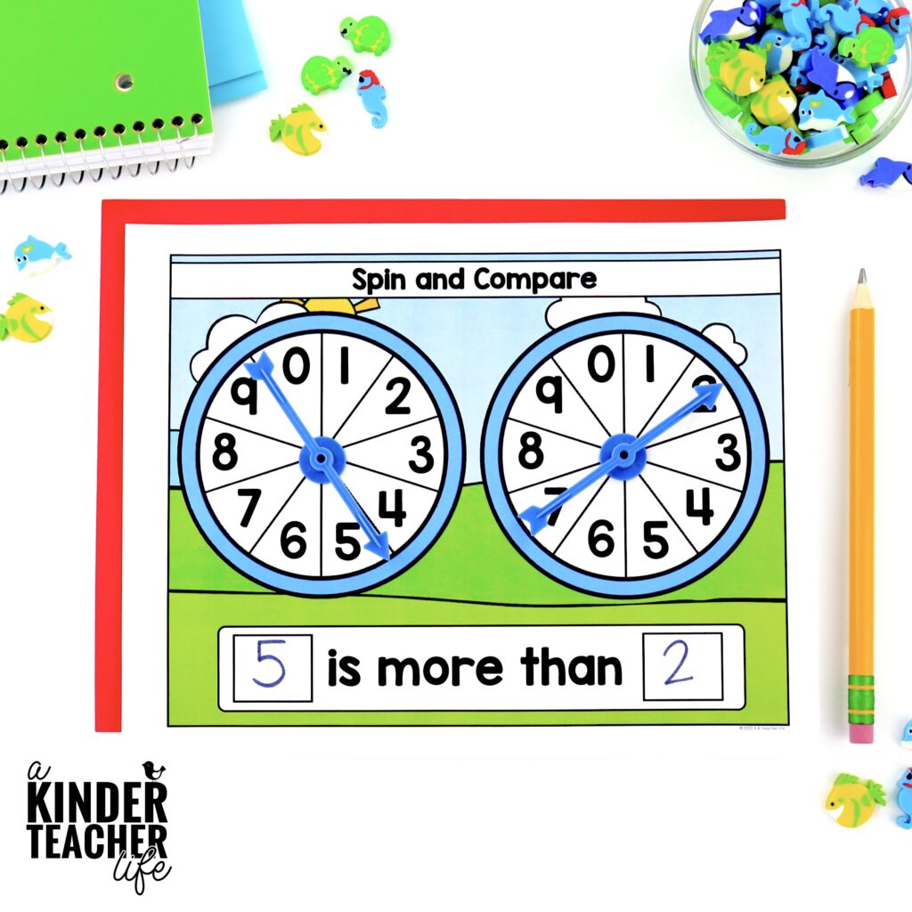 Spin and compare - easy to implement math center activity for kindergarten